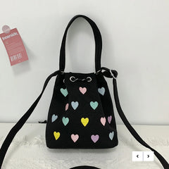 Pink Heart Embroidered Ladies Bucket Purse Handbags Love Women Messenger Bag