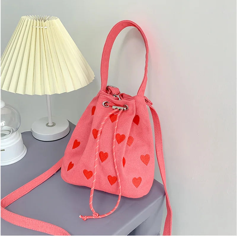 Pink Heart Embroidered Bucket Purse Handbag Love Women Messenger Bag