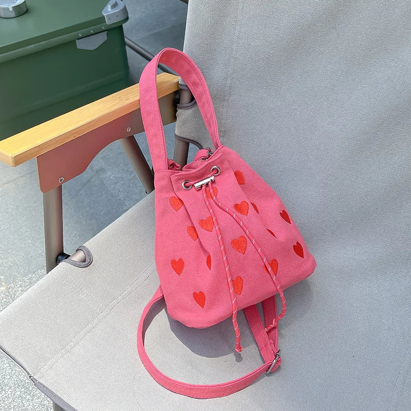 Pink Heart Embroidered Bucket Purse Handbag Love Women Messenger Bag