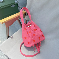 Pink Heart Embroidered Bucket Purse Handbag Love Women Messenger Bag