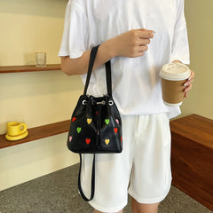 Pink Heart Embroidered Bucket Purse Women Messenger Bag