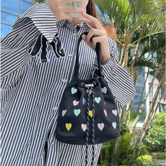Pink Heart Embroidered Bucket Purse Handbag Love Women Messenger Bag