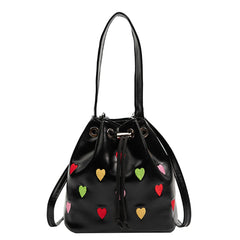 Pink Heart Embroidered Bucket Purse Women Messenger Bag