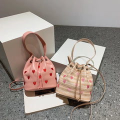 Pink Heart Embroidered Bucket Purse Women Messenger Bag