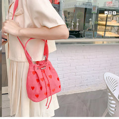 Pink Heart Embroidered Bucket Purse Handbag Love Women Messenger Bag