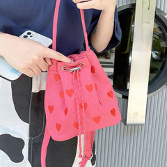 Pink Heart Embroidered Bucket Purse Handbag Love Women Messenger Bag