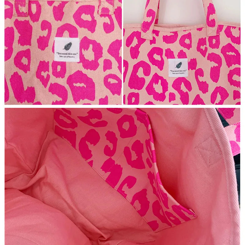 Pink Leopard Pattern Canvas Shoulder Bags for Women Large Capacity