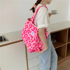 Pink Leopard Print Shoulder Bag Canvas Handbag Women Tote Bag
