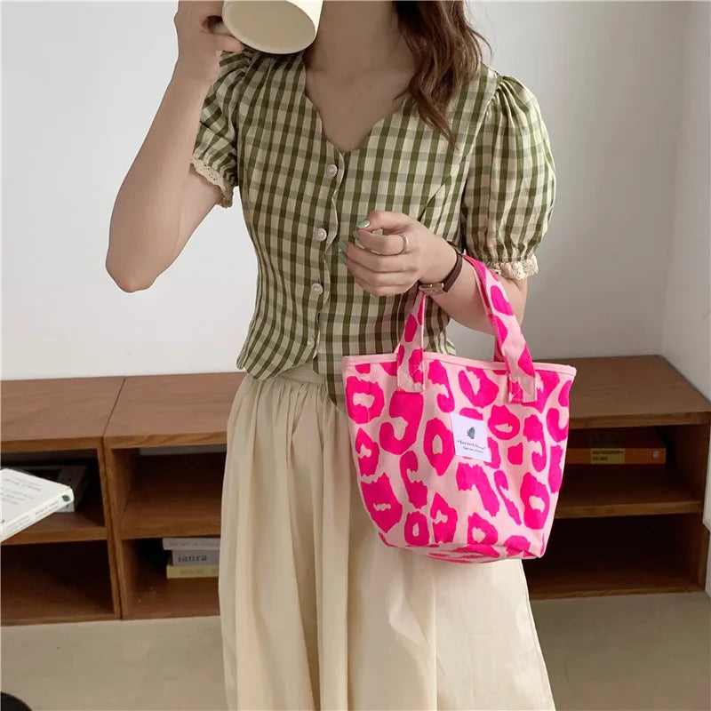 Pink Leopard Print Shoulder Bag Canvas Handbag Women Tote Bag