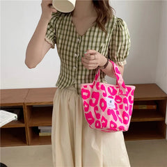 Pink Leopard Print Shoulder Bag Canvas Handbag Women Tote Bag