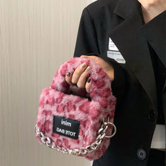 Pink Leopard Women's Plush Shoulder Bag Clutch Purse Faux Fur