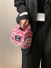 Pink Leopard Women's Plush Shoulder Bag Clutch Purse Faux Fur