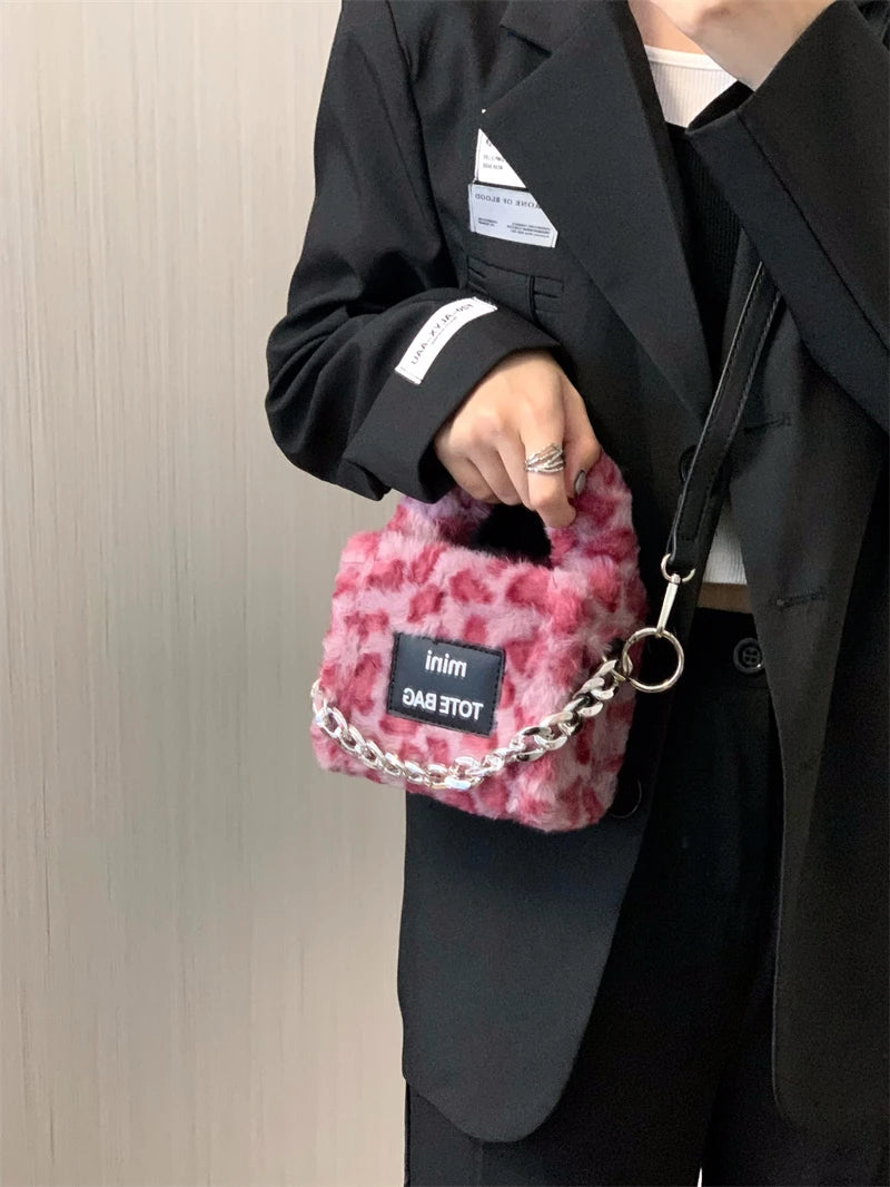 Pink Leopard Women's Plush Shoulder Bag Clutch Purse Faux Fur