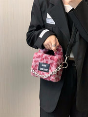Pink Leopard Women's Plush Shoulder Bag Clutch Purse Faux Fur