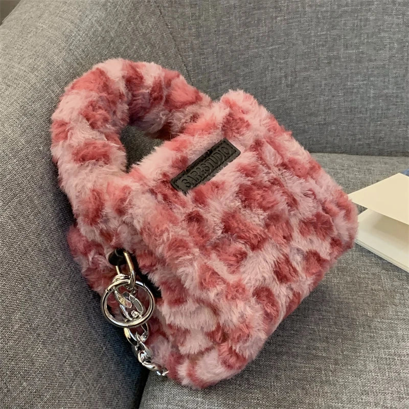 Pink Leopard Women's Plush Shoulder Bag Clutch Purse Faux Fur