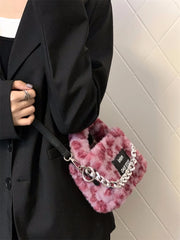 Pink Leopard Women's Plush Shoulder Bag Clutch Purse Faux Fur