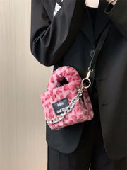 Pink Leopard Women's Plush Shoulder Bag Clutch Purse Faux Fur