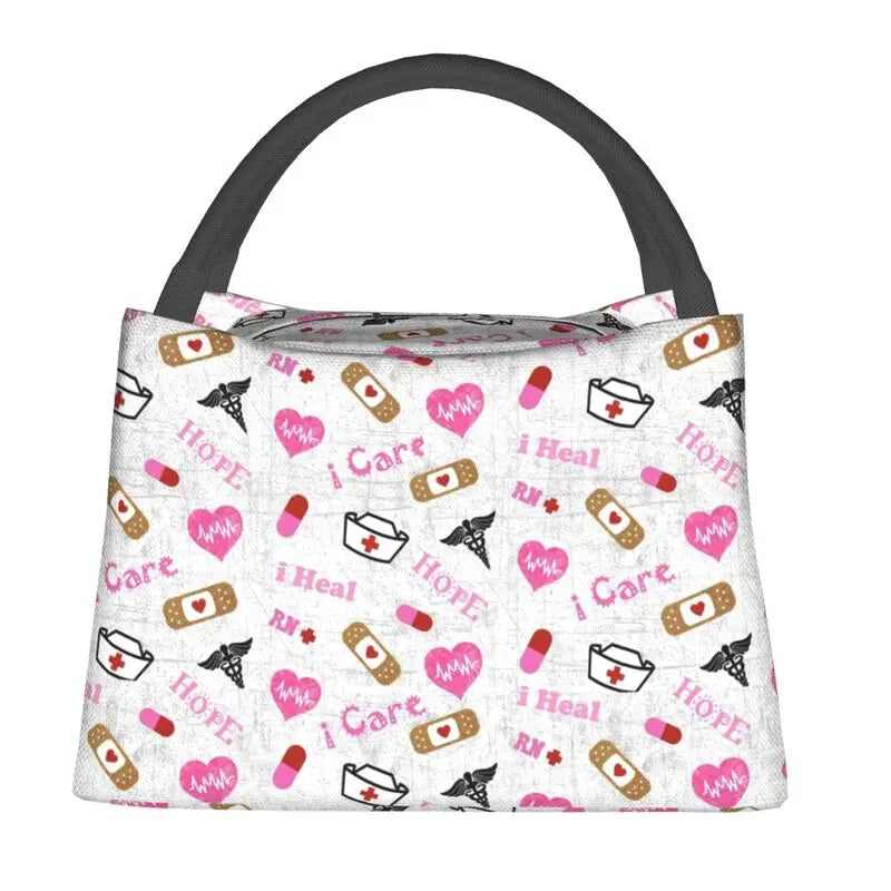 Pink Nurse Life Insulated Lunch Tote Bag for Women Nursing Medical Print
