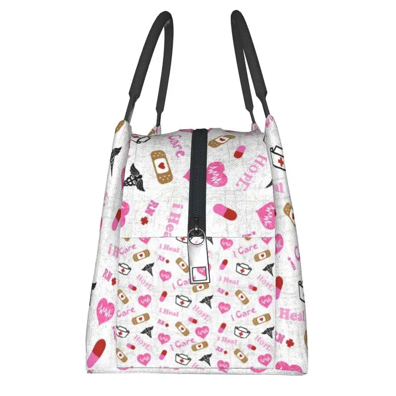 Pink Nurse Life Insulated Lunch Tote Bag for Women Nursing Medical Print