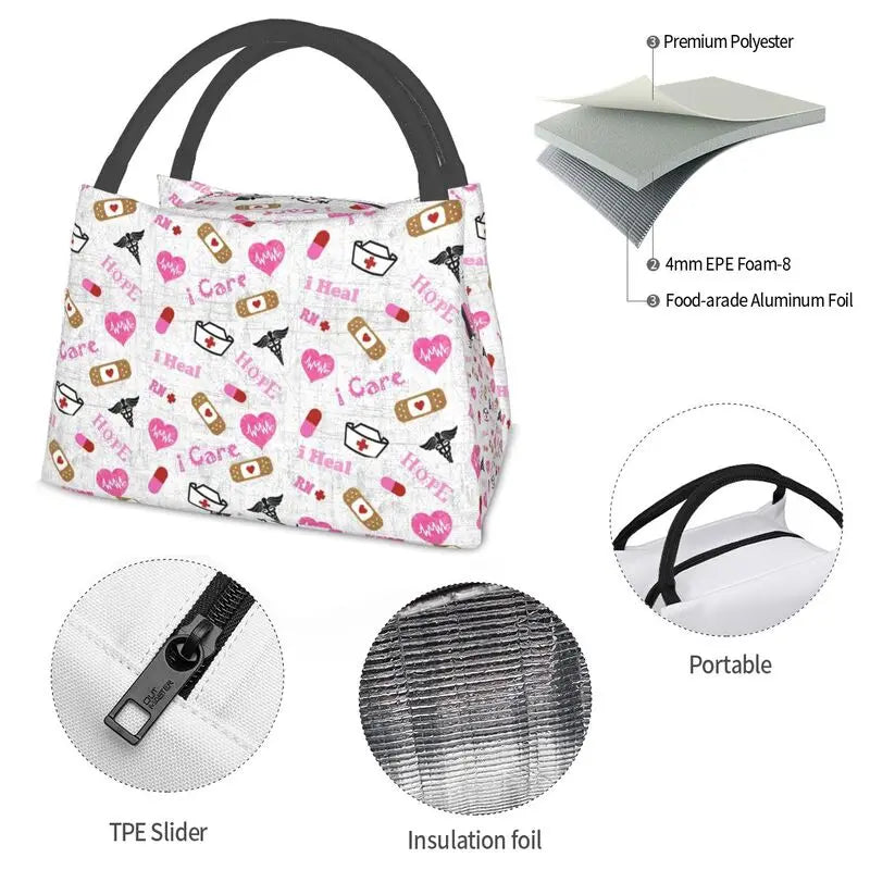 Pink Nurse Life Insulated Lunch Tote Bag for Women Nursing Medical Print