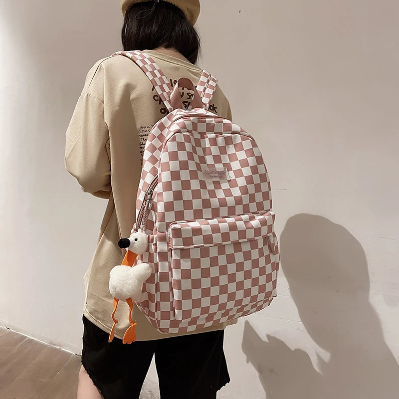 Pink Plaid Backpack Women School Bag Men Checked Backpacks for Teenage Girls