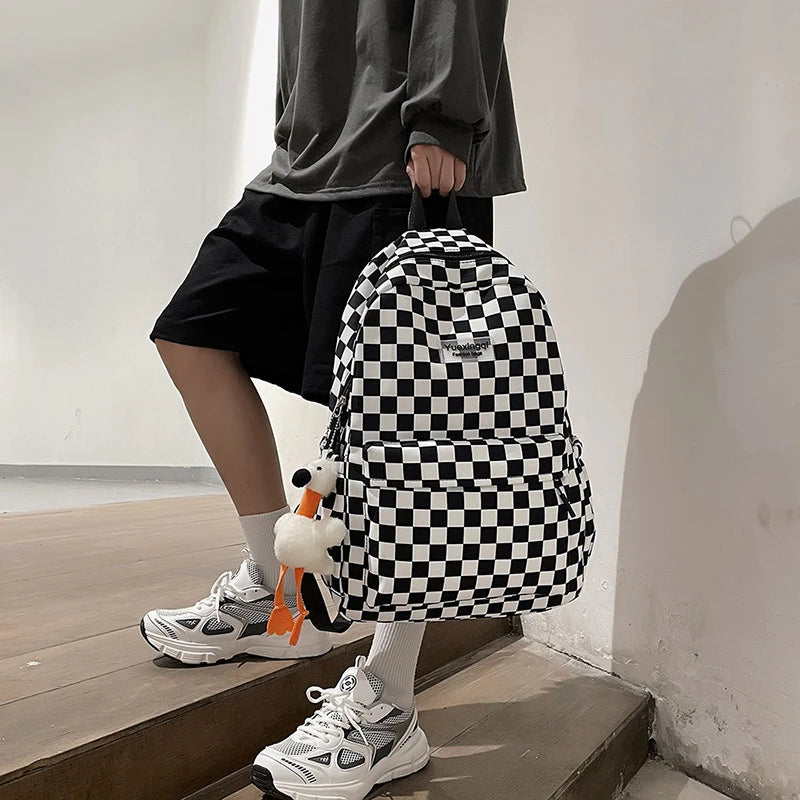 Pink Plaid Backpack Women School Bag Men Checked Backpacks for Teenage Girls