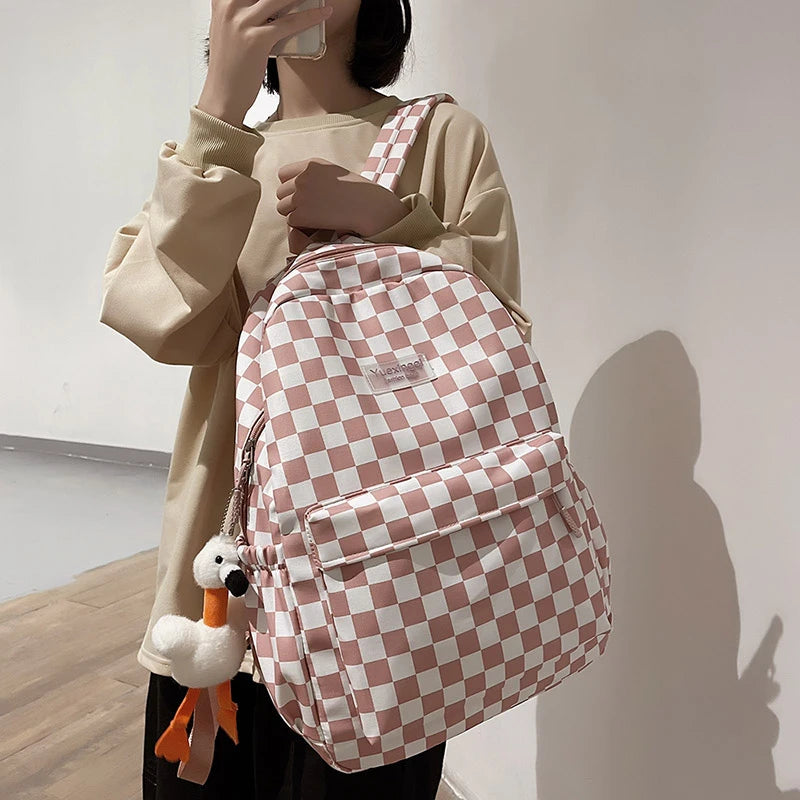 Pink Plaid Backpack Women School Bag Men Checked Backpacks for Teenage Girls