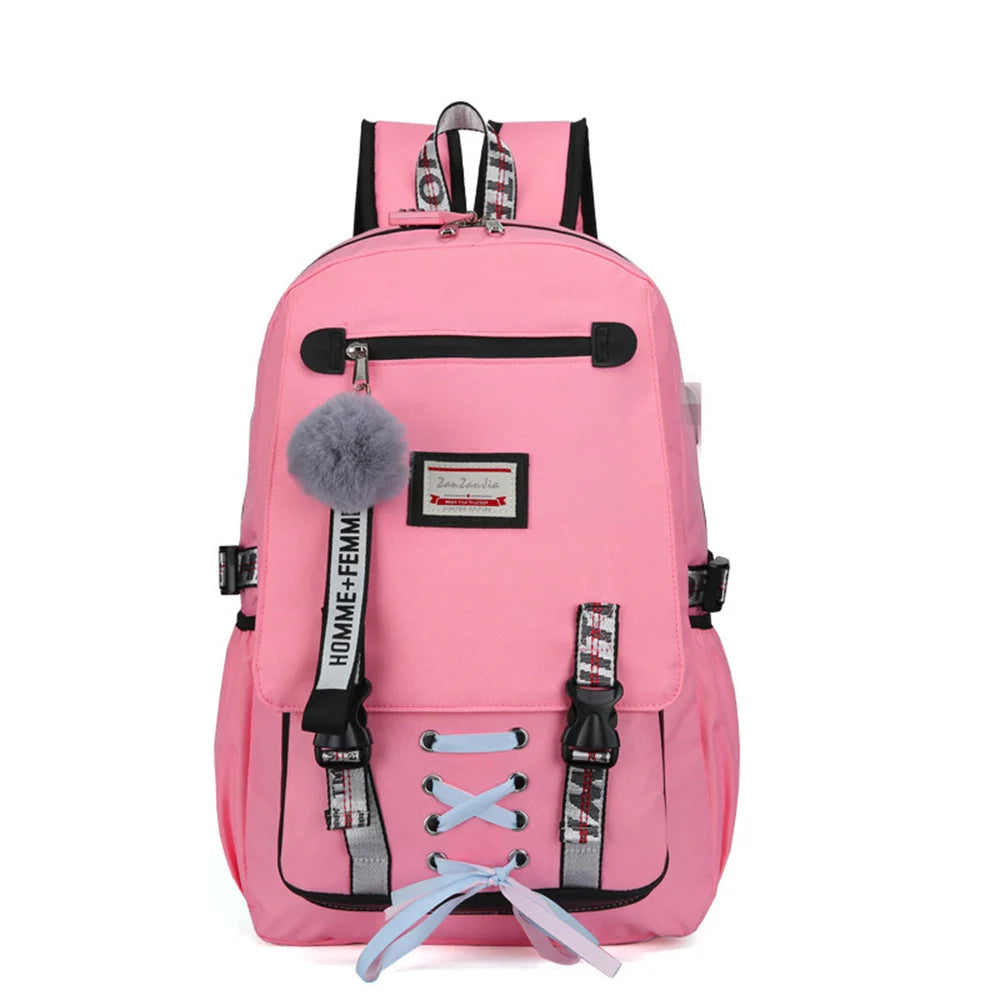 Pink School Bags for Girls Teenagers USB Charging Women School Backpack Bags