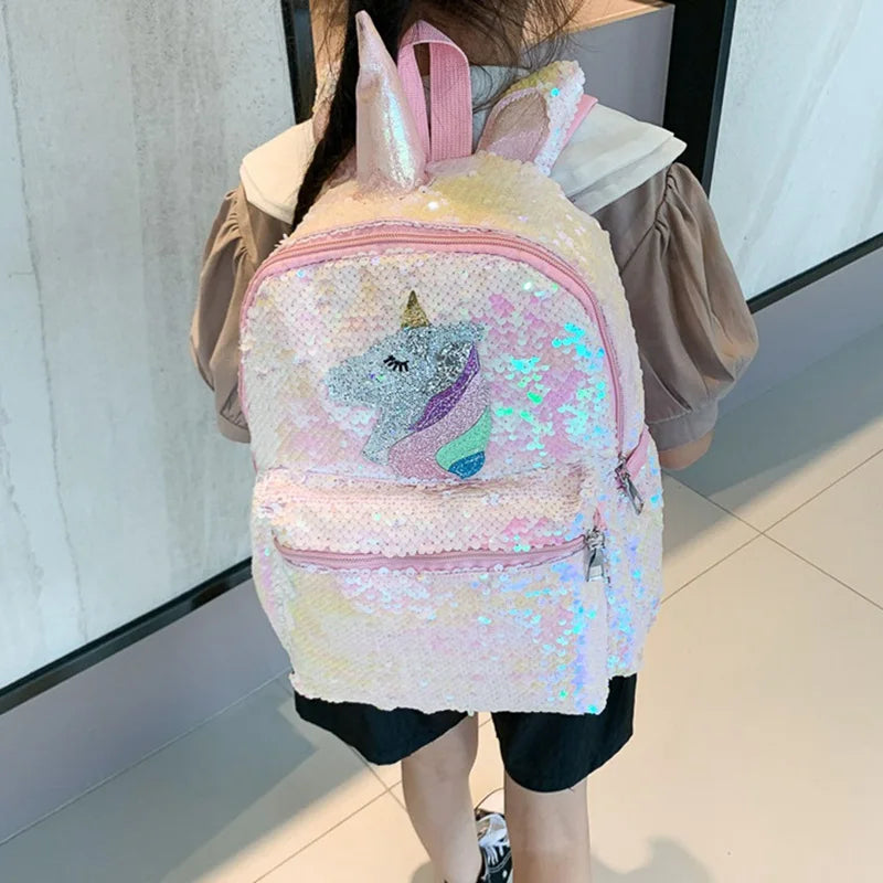 Pink Sequin Unicorn Backpack School Bag Girls 3D Student Mochila Book Bags