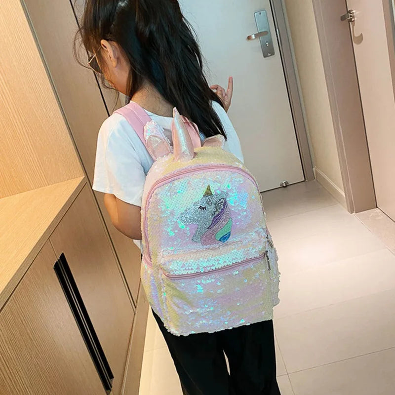 Pink Sequin Unicorn Backpack School Bag Girls 3D Student Mochila Book Bags