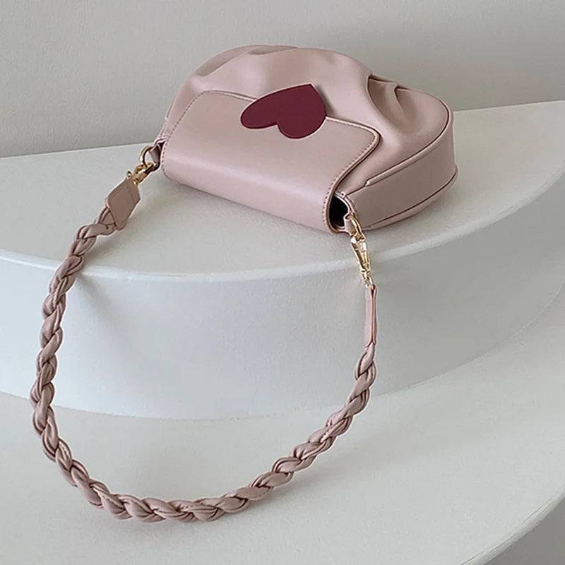 Pink Sweet Ruched Shoulder Bag Women Lovely Saddle