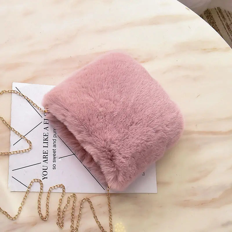 Pink Women Winter Chains Square Shaped Furry Faux Fur Bag Plush Crossbody Bags
