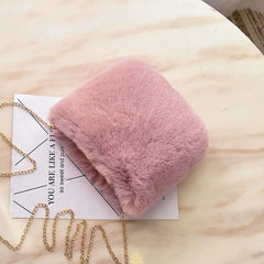 Pink Women Winter Chains Square Shaped Furry Faux Fur Bag Plush Crossbody Bags