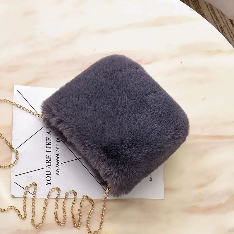Pink Women Winter Chains Square Shaped Furry Faux Fur Bag Plush Crossbody Bags