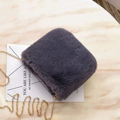 Pink Women Winter Chains Square Shaped Furry Faux Fur Bag Plush Crossbody Bags
