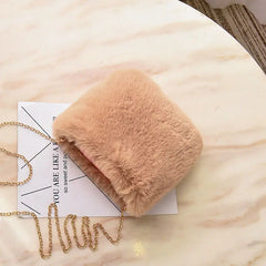 Pink Women Winter Chains Square Shaped Furry Faux Fur Bag Plush Crossbody Bags
