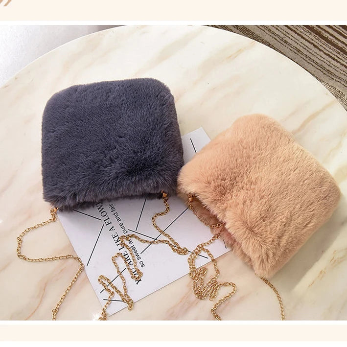 Pink Women Winter Chains Square Shaped Furry Faux Fur Bag Plush Crossbody Bags