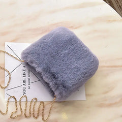 Pink Women Winter Chains Square Shaped Furry Faux Fur Bag Plush Crossbody Bags