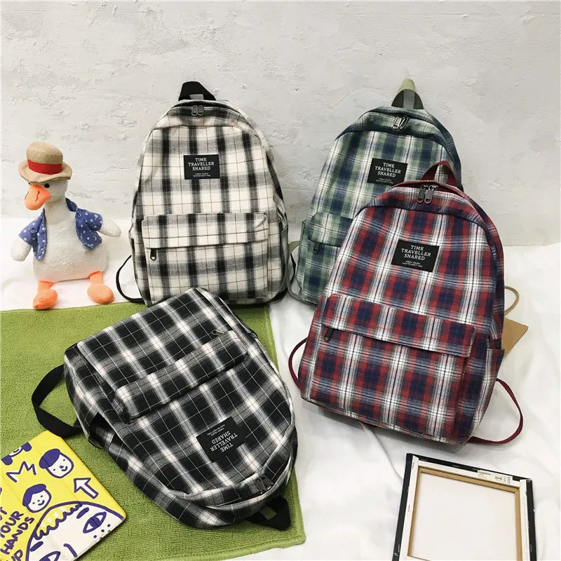 Plaid Canvas Backpack for Women Female Student Backpacks Teenage Girl School Bag