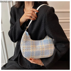 Plaid Canvas Women Bag PU Leather Crescent Shoulder Bag