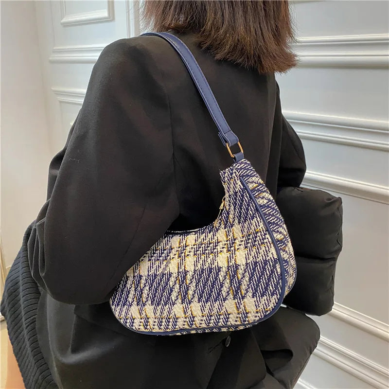 Plaid Canvas Women's Shoulder Bag Leather Crescent Handbags