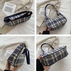 Plaid Canvas Women's Shoulder Bag Leather Crescent Handbags