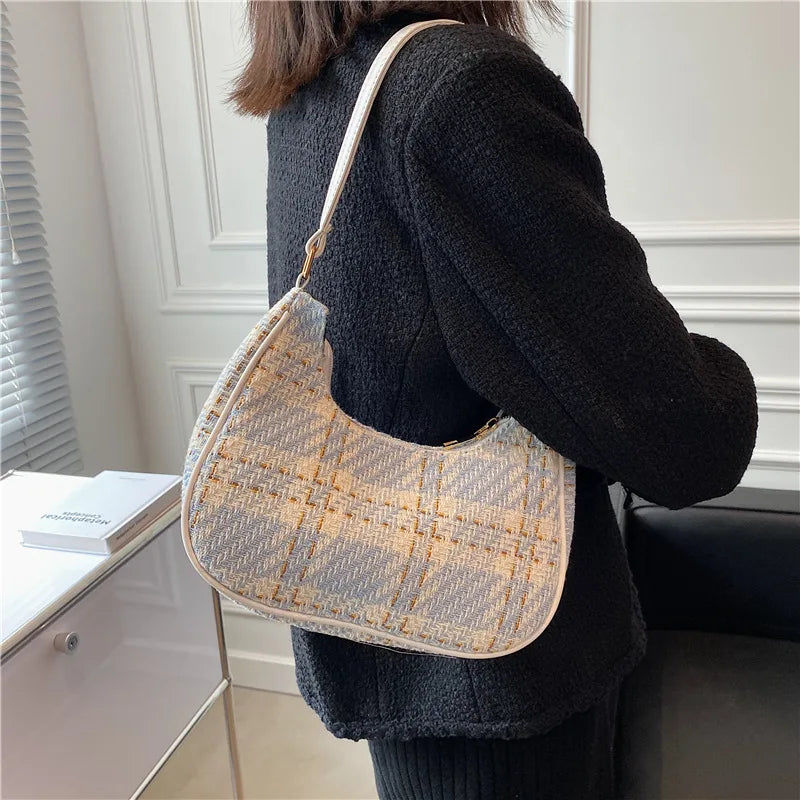 Plaid Canvas Women's Bag PU Leather Shoulder Bag