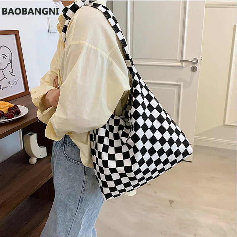 Plaid Canvas Shopper Bag Shoulder Crossbody Bags for Women Casual Shopping Tote