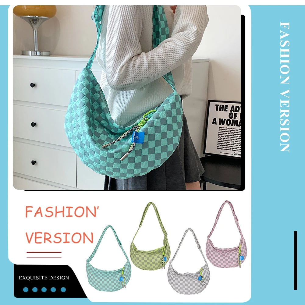 Plaid Half Moon Crescent Ladies Handbag Soft Lightweight Casual Portable Bag