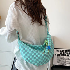 Plaid Half Moon Crescent Ladies Handbag Soft Lightweight Casual Portable Bag