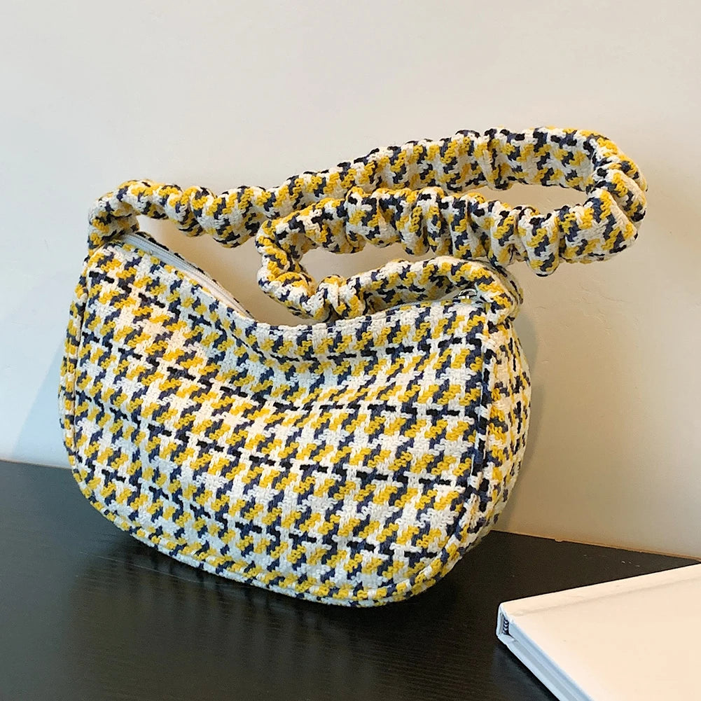 Vintage Plaid Ladies Tote Bag Half Moon Shape Casual Commute Bag