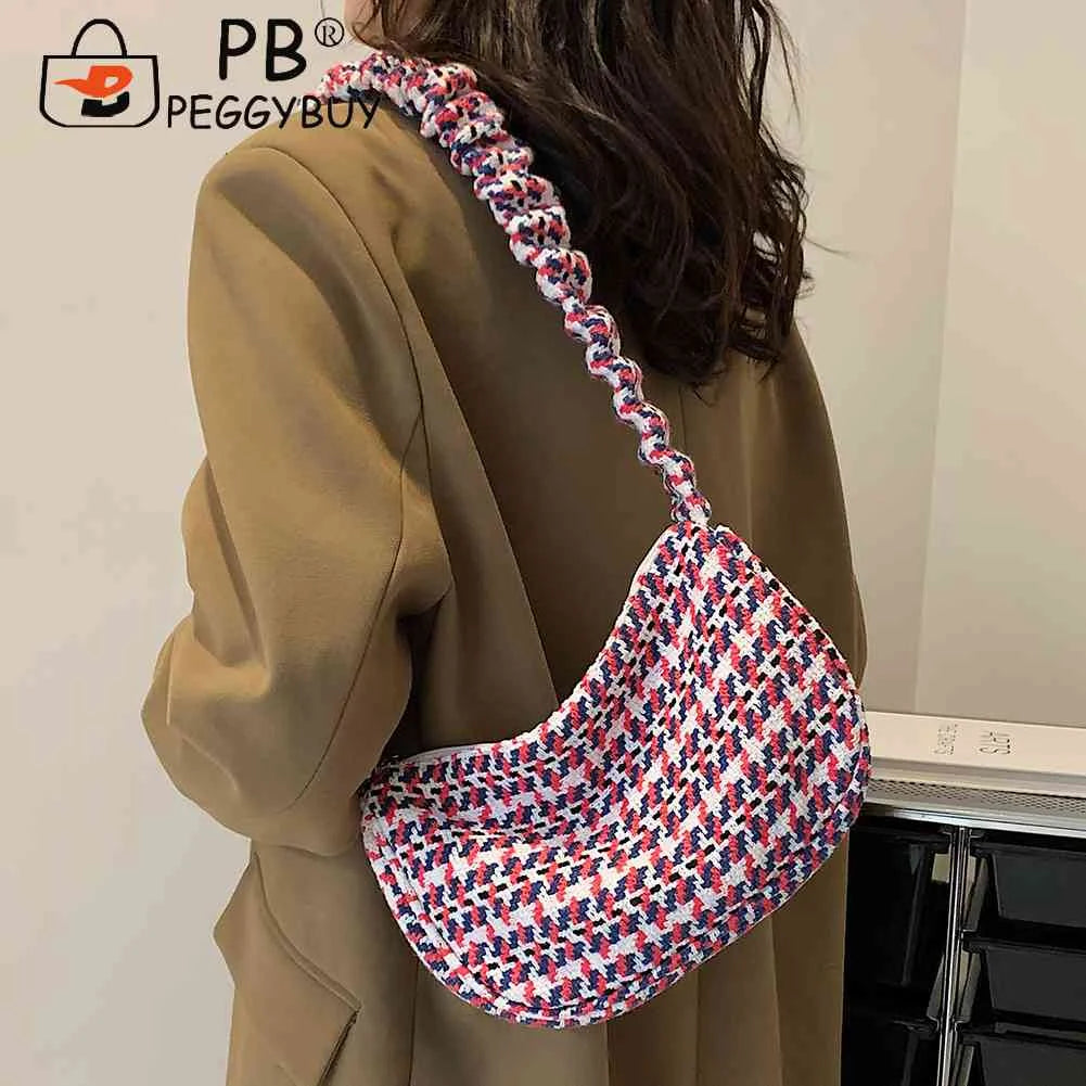 Vintage Plaid Ladies Tote Bag Half Moon Shape Female Hand Bag for Weekend Vacati