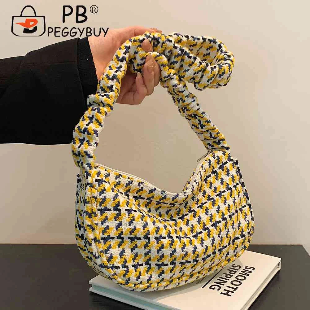 Vintage Plaid Ladies Tote Bag Half Moon Shape Female Hand Bag for Weekend Vacati