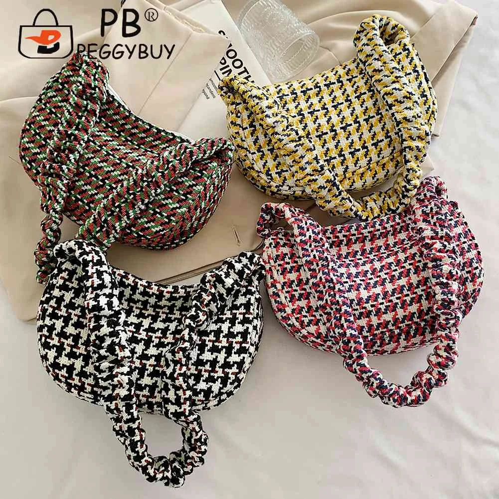 Vintage Plaid Ladies Tote Bag Half Moon Shape Female Hand Bag for Weekend Vacati